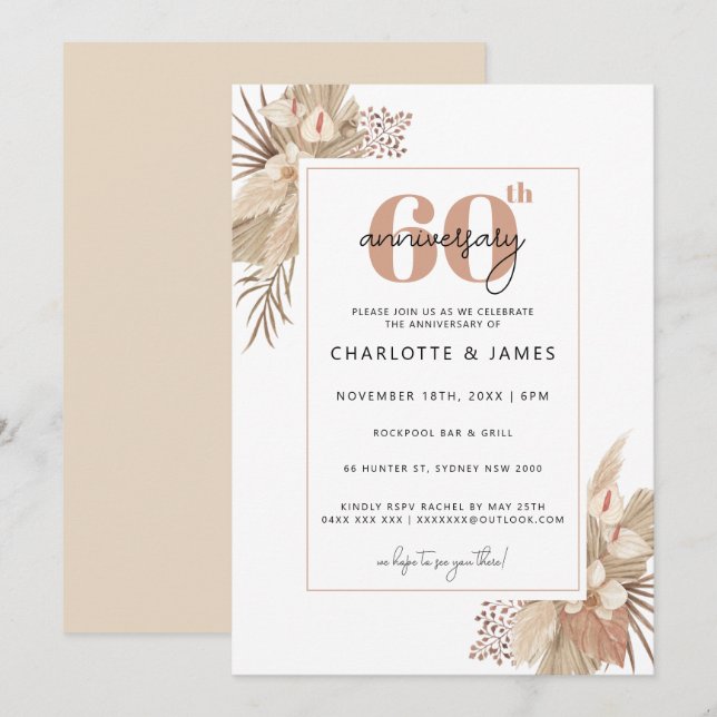 Invitation Herbe de la Pampa Bohème 60e anniversaire de maria (Devant / Derrière)