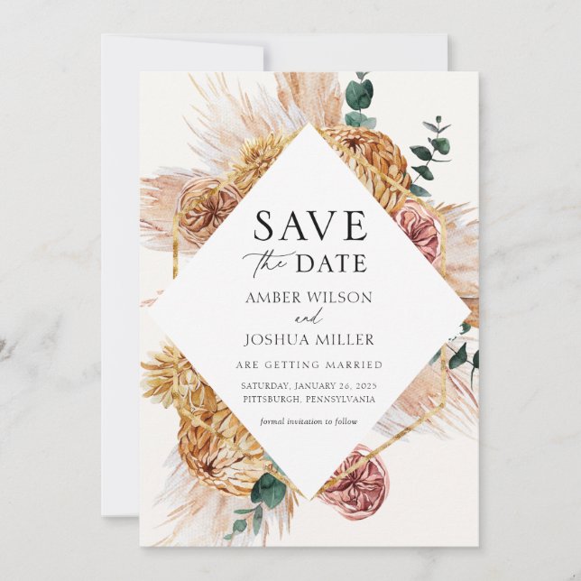 Invitation Herbe de Pampas de Bohême Économisez la date (Devant)