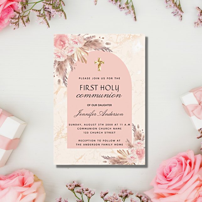 Invitation Herbe de Pampas rose fuchsia première communion (Créateur téléchargé)