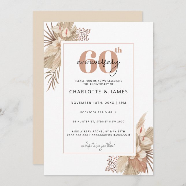 Invitation Herbe des Pampas Boho 60e anniversaire de mariage (Devant / Derrière)