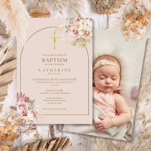 Invitation Herbe des Pampas Or Photo Baptême Christening 
