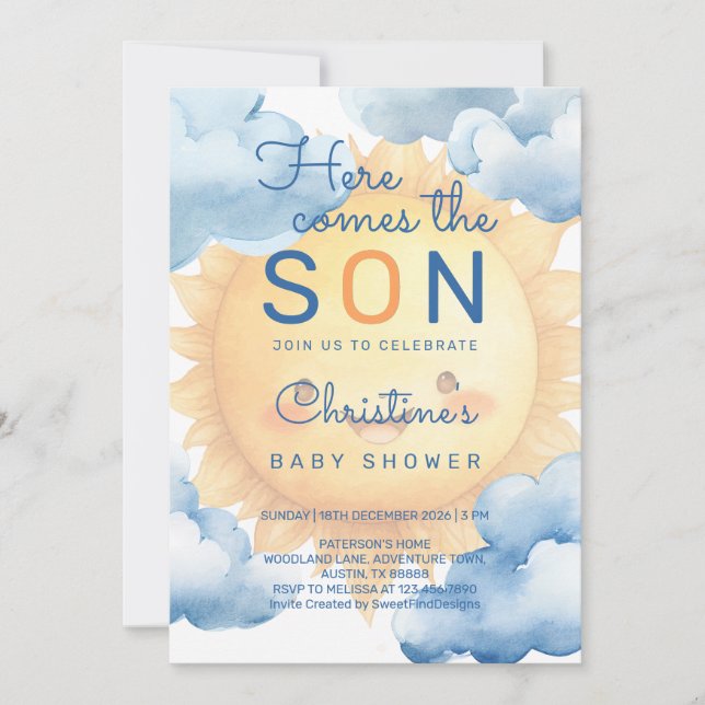 Invitation Here comes the son baby boy shower (Devant)