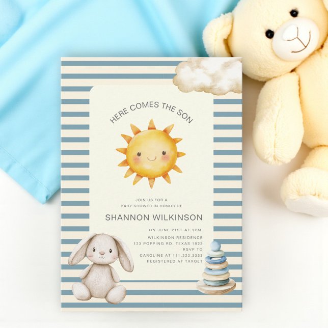 Invitation Here comes the son blue cream stripes baby shower (Créateur téléchargé)