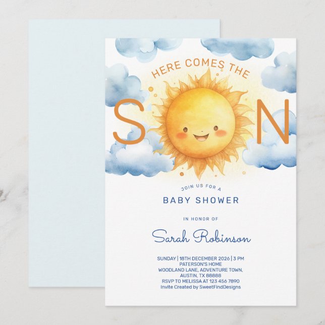 Invitation Here Comes the Son Elegant Baby Shower (Devant / Derrière)