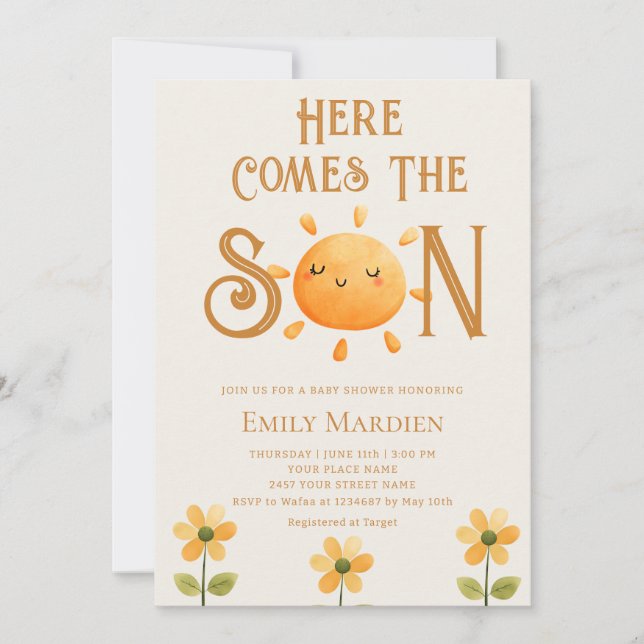 Invitation Here Comes The Son Floral Sunshine Baby Shower  (Devant)
