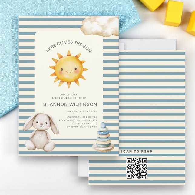 Invitation Here comes the son QR code stripes baby shower (Créateur téléchargé)