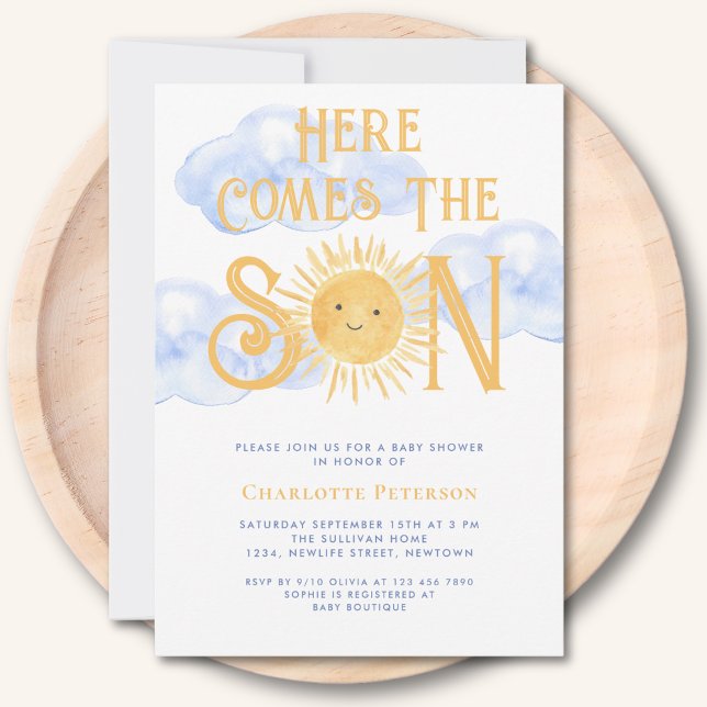 Invitation Here Comes The Son Sun Clouds Baby Shower (Créateur téléchargé)