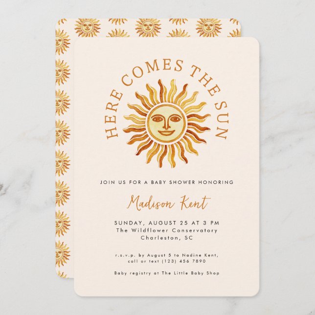 Invitation Here Comes the Sun Modern Boho Sun Baby Shower (Devant / Derrière)