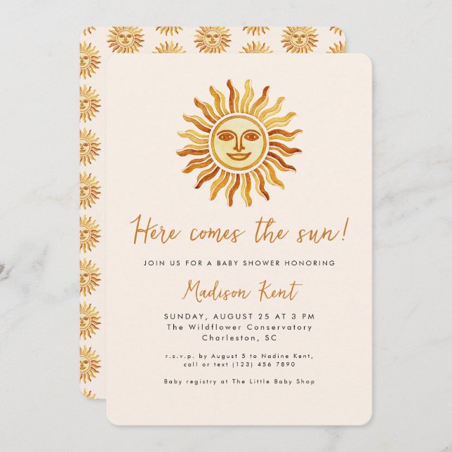 Invitation Here Comes the Sun Modern Boho Sun Baby Shower (Devant / Derrière)