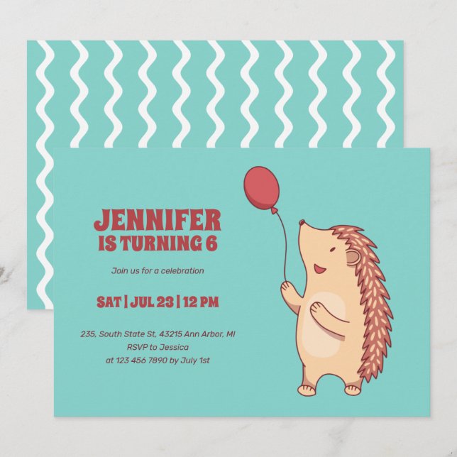 Invitation Hérisson mignon avec Anniversaire de enfant de des (Devant / Derrière)