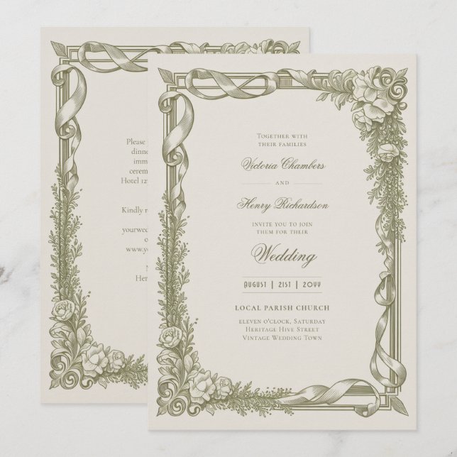 Invitation Heritage | Edwardian Ribbon Garland Wedding (Devant / Derrière)
