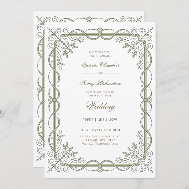 Invitation Heritage | Edwardian Sage Ribbon Scroll (Devant / Derrière)
