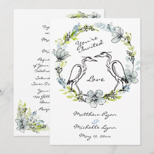 Invitation Heron Bird Couple et Flower Wreath Wedding Invitat