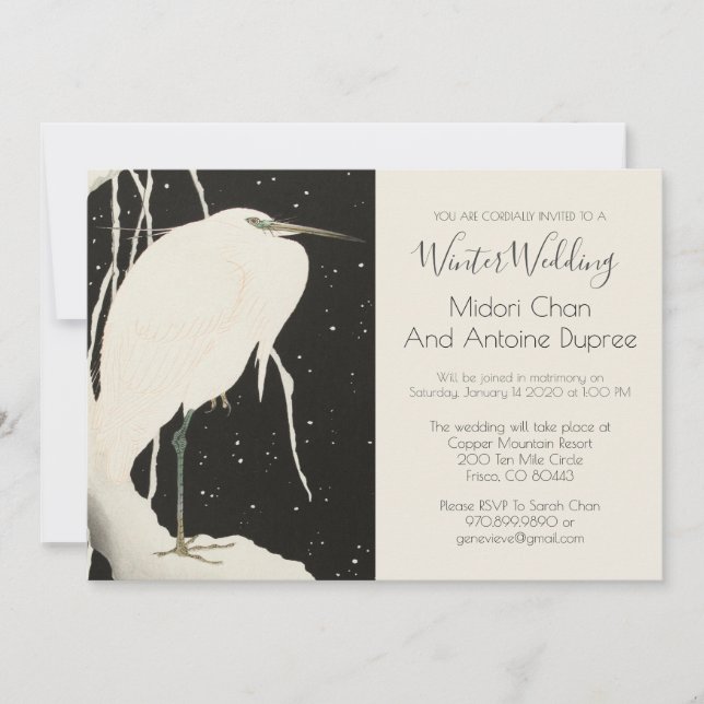 Invitation Héron Blanc Dans Mariage D'Hiver De Neige (Devant)