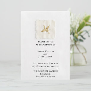 Invitation Héron en or blanc Étiquette de lin Mariage élégant