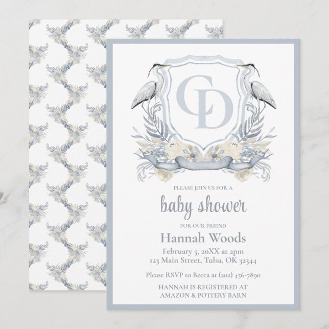 Invitation Heron Interlocking Monogram Baby Shower (Devant / Derrière)
