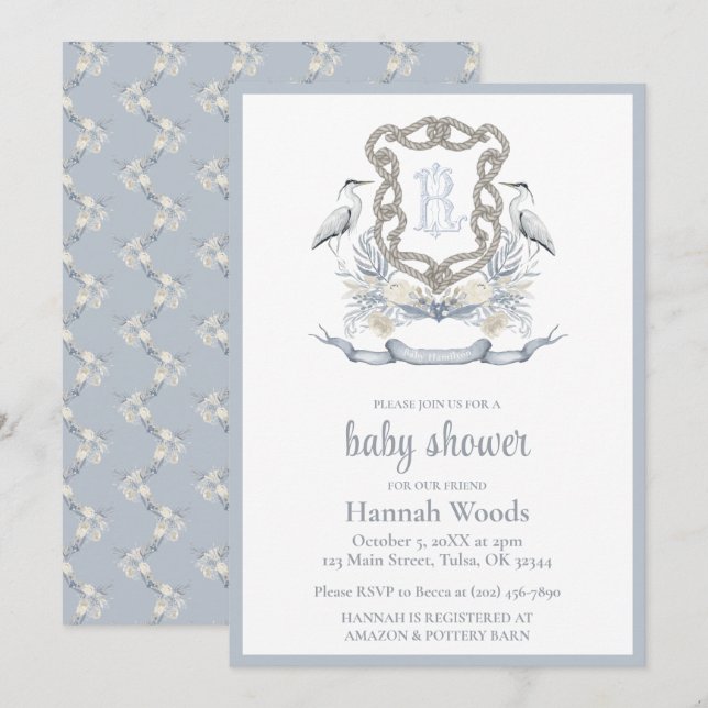 Invitation Heron Rope Monogram Baby Shower (Devant / Derrière)