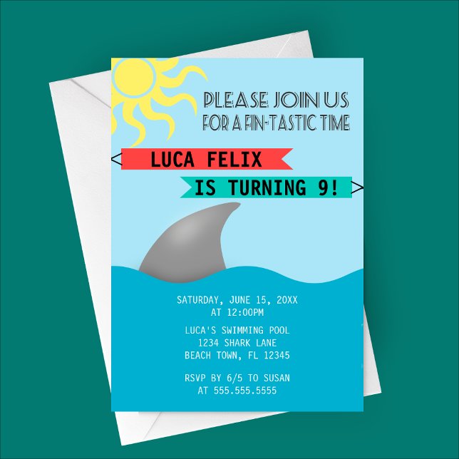 Invitation Heure Fin Tastique Requin Thème Anniversaire (Fin-tastic Time Shark Themed Birthday Party Invitation)
