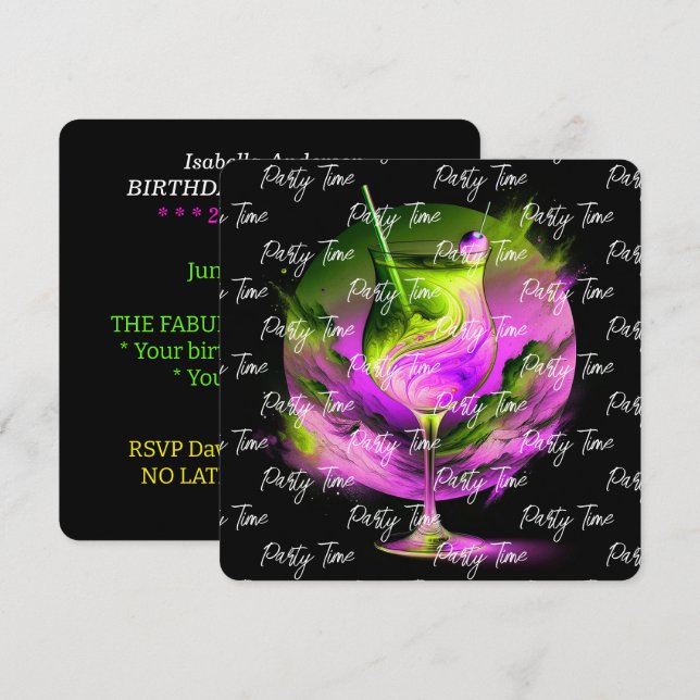 Invitation Heure moderne de la fête de néon personnalisée (Devant / Derrière)