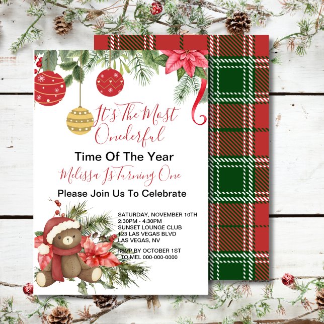 Invitation Heure Onederful Noël en peluche ours ornement foul (Créateur téléchargé)