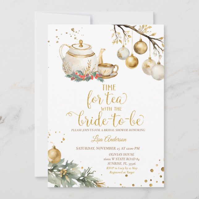 Invitation Heure Pour Tea Gold Fête des mariées Ornement de N (Devant)