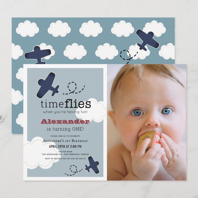 Invitation Heure Vol Avion Blue Boy Photo1st Birthday (Devant / Derrière)