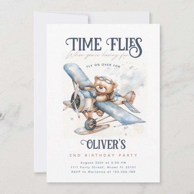 Invitation Heure Vol Avion Teddy Bear Vintage Anniversaire (Devant)