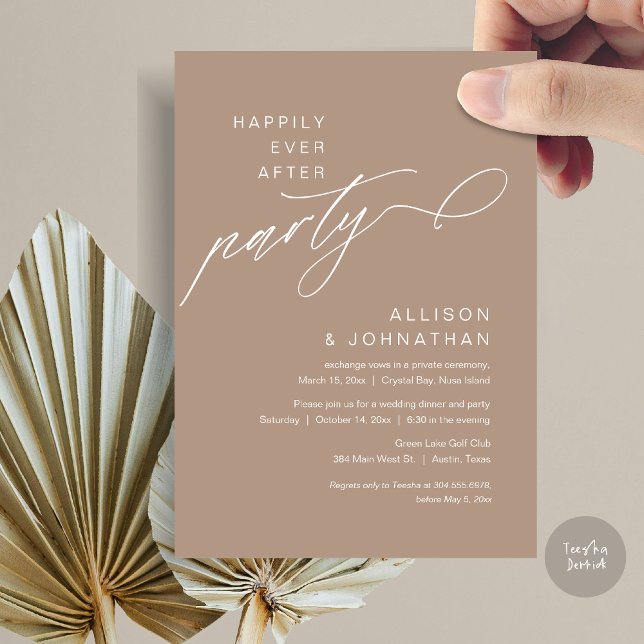 Invitation Heureusement Après La Fête, Elopement Mariage Mode (Happily Ever After Party, Modern Wedding Elopement Dinner Invitation Card, PDF, Warm Taupe)