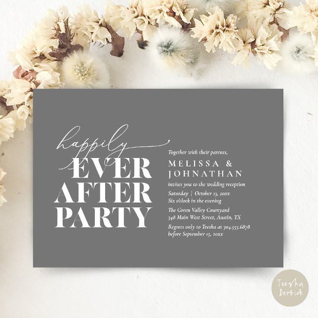 Invitation Heureusement Après La Fête, Réception De Mariage M (Happily Ever After Party, Modern Wedding Reception Dinner Invitation Card pdf Dark Grey)