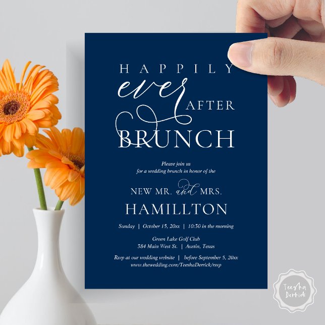 Invitation Heureusement Jamais après Brunch Post Mariage Célé (Happily Ever After Brunch Post Wedding Celebration Invitation Card, PDF, in Navy Blue)