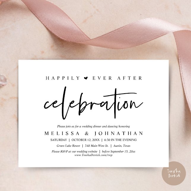Invitation Heureusement Jamais Après La Célébration, Dîner Ma (Happily Ever After Celebration, Wedding Dinner Invitation Card, PDF, Modern Script, in Black White)