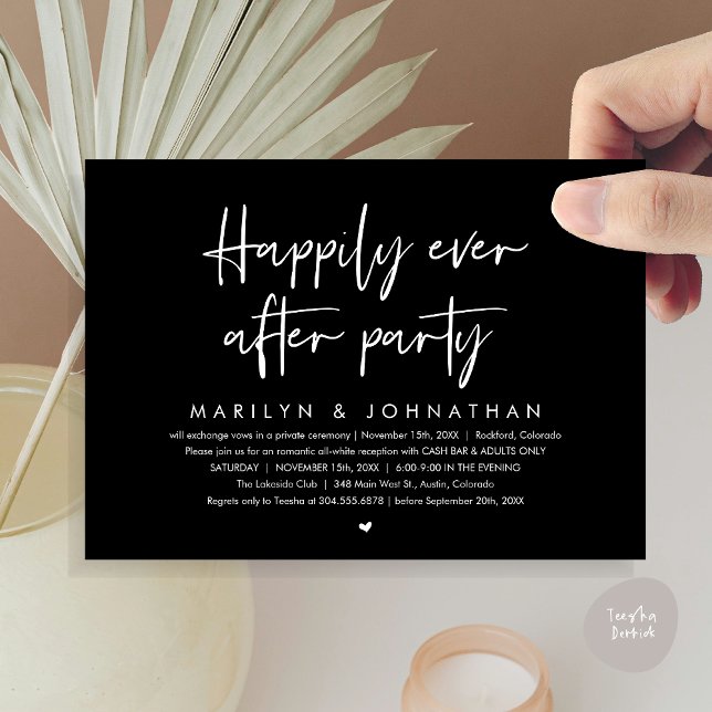 Invitation Heureusement Jamais Après La Fête, Réception De Ma (Happily Ever After Party, Modern Wedding Reception Invitation Card, PDF, Cash Bar in Classy Black)