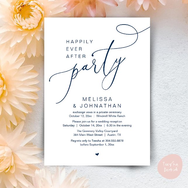 Invitation Heureusement Jamais Après La Fête Réception De Mar (Happily Ever After Party Modern Wedding Reception Dinner Brunch Lunch Invites card PDF Navy Blue)