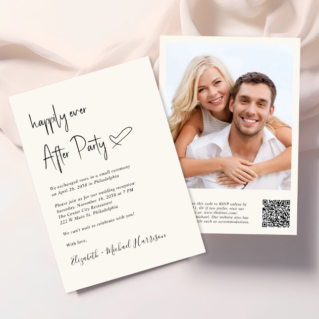 Invitation Heureusement Jamais Après Photo QR Code Réception  (An chic Happily Ever After Party all-in-one invitation for your wedding celebration)