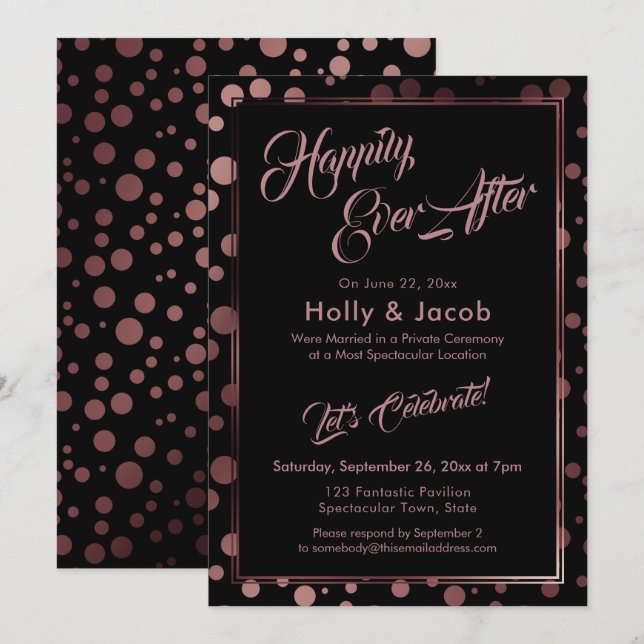 Invitation Heureusement Jamais Après Rosegold Confetti Bubble (Devant / Derrière)