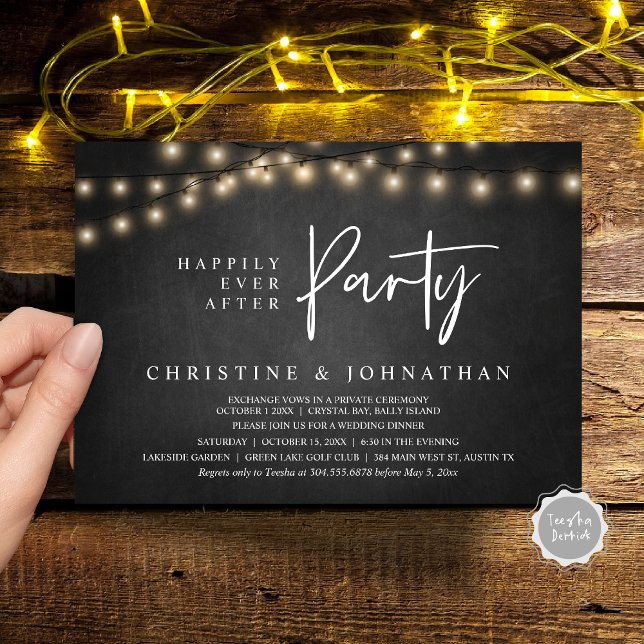 Invitation Heureusement toujours après la fête, String Lights (Happily Ever After party, String Lights Cottage Chalkboard, Wedding Elopement Invitation Cards)
