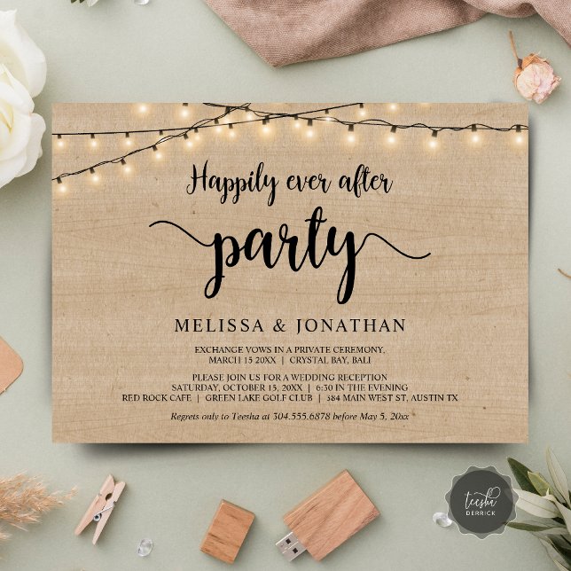 Invitation Heureusement toujours après la fête, String Lights (Happily Ever After party, Wedding Elopement Dinner Invites, String Lights Rustic Wood, downloadable)