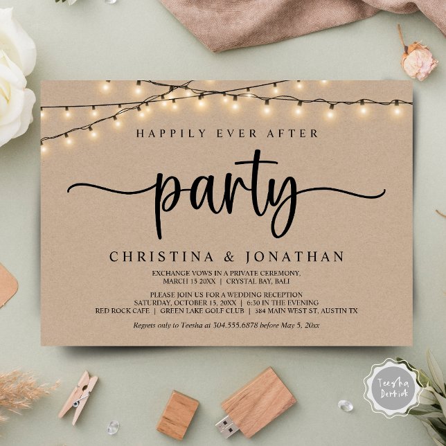 Invitation Heureusement toujours après la fête, String Lights (Happily Ever After party , Wedding Elopement Invitation Card, in Rustic String Lights Brown Kraft.)