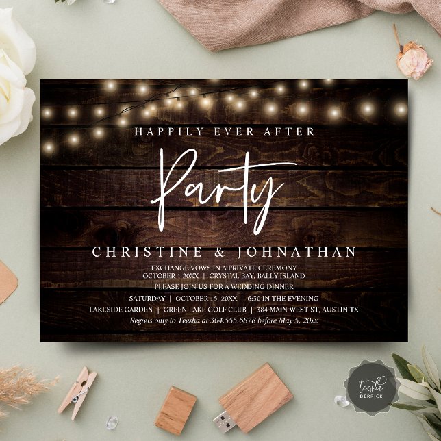 Invitation Heureusement toujours après la fête, String Lights (Happily Ever After party, String Lights Brown Dark Wood, Wedding Elopement Invitation Cards)