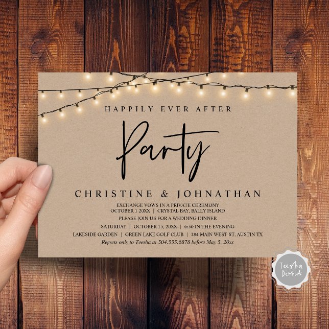 Invitation Heureusement toujours après la fête, String Lights (Happily Ever After party, String Lights Brown Kraft, Wedding Elopement Invitation Cards)