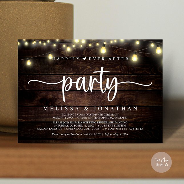 Invitation Heureusement toujours après la fête, String Lights (Happily Ever After Party, Elopement Dinner Dancing, String Lights Invitation Card, PDF, Brown Wood)