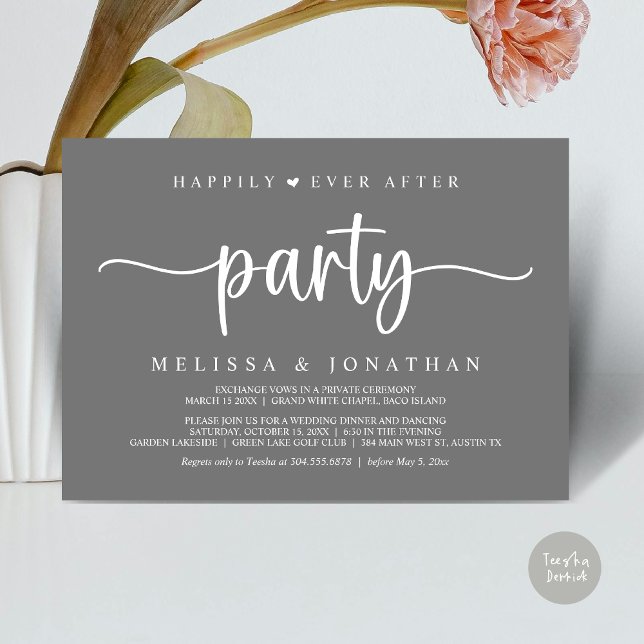Invitation Heureusement toujours après la fête, String Lights (Happily Ever After Party, Elopement Dinner Dancing, Rustic Cottage Invitation Card, PDF, Dark Grey)
