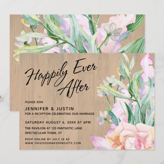 Invitation Heureux à tout jamais Aquarelle artistique florale (Devant / Derrière)