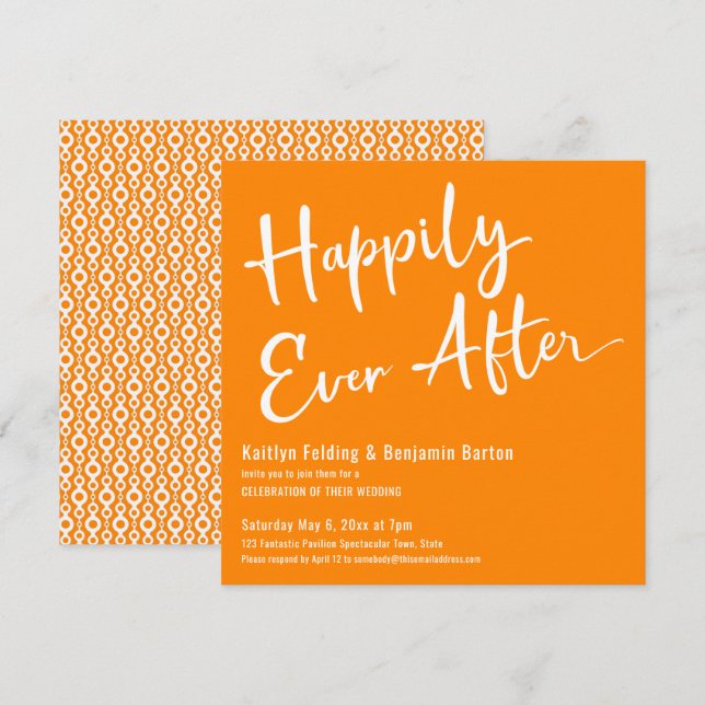 Invitation Heureux à tout jamais sur fond orange motif rétro  (Devant / Derrière)