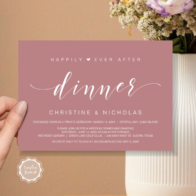 Invitation Heureux après, dîner Mariage Elopement (Happily ever After Dinner Invitation Card, Wedding Elopement Invites, PDF, Modern, Dusty Rose Pink)
