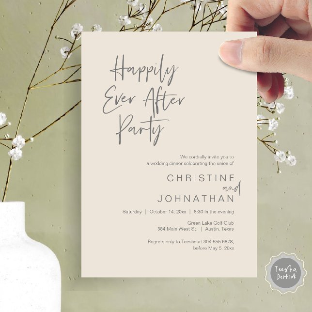 Invitation Heureux Après La Fête, Dîner Mariage Danser (Happily Ever After Party, Modern Wedding Party Dinner Invitation Card, PDF, Cream Dark Grey)