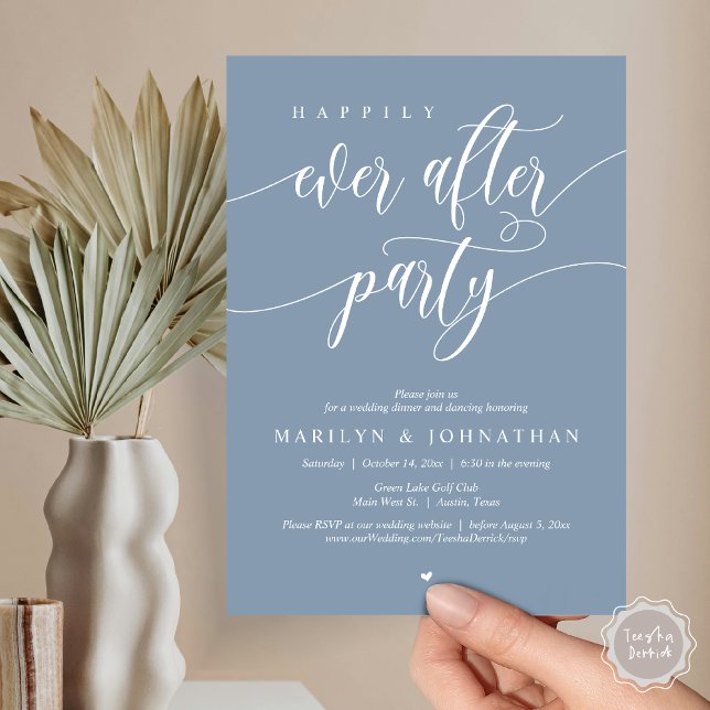 Invitation Heureux Après La Fête, Dîner Mariage Danser (Happily Ever After Party, Modern Minimalist Wedding Dinner Invitation Card, PDF, Dusty Blue)