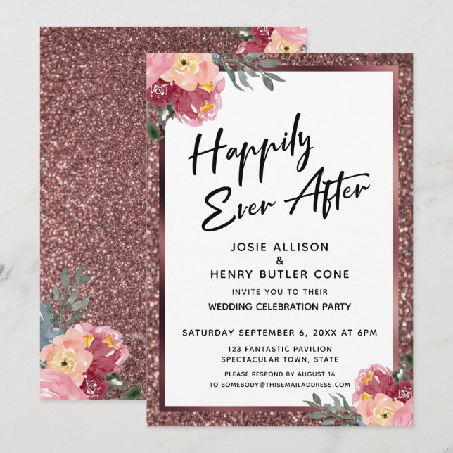 Invitation Heureux après la Parties scintillant et les fleurs (Devant / Derrière)