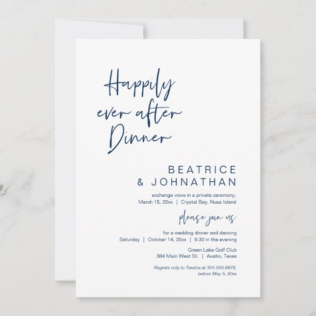 Invitation Heureux Après Le Dîner, Elopement, Bleu Marine (Devant)