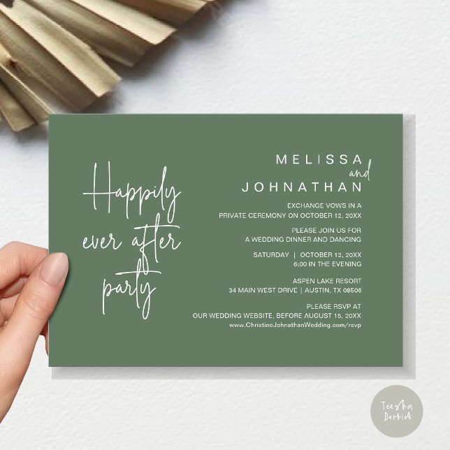 Invitation Heureux Après Le Dîner, Mariage Elopement (Happily Ever After Party, Modern Wedding Elopement Dinner Invitation Card, PDF, in Sage Green)